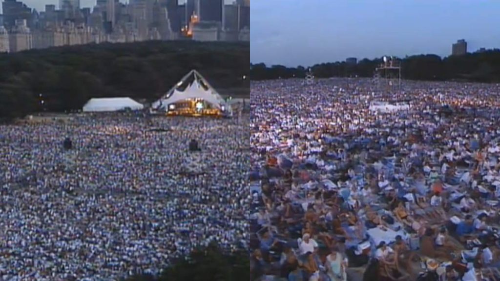 A vast audience fills New York’s Central Park during Luciano Pavarotti’s free open air concert on June 28, 1993, accompanied by the New York Philharmonic Orchestra.